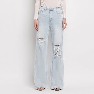 Vervet Blue Flare Wide Leg Jeans with Distressed Details